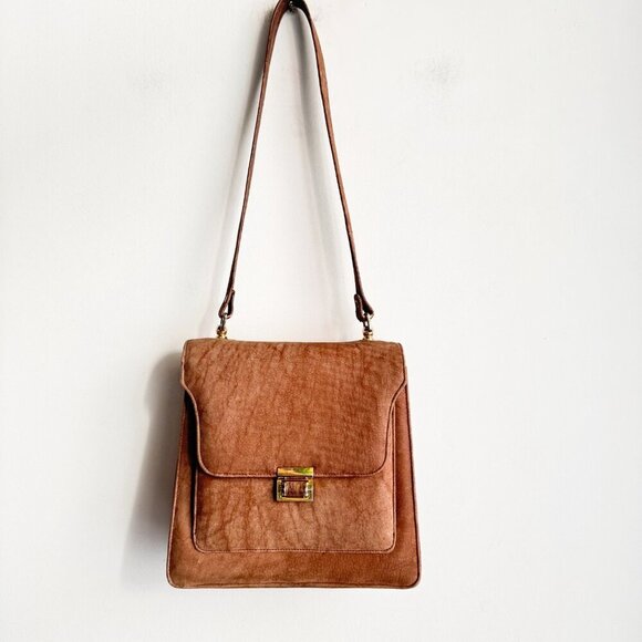 Vintage 50s 60s Mod Soft Textured Leather Brown Structured Square Shoulder bag - Picture 2 of 8